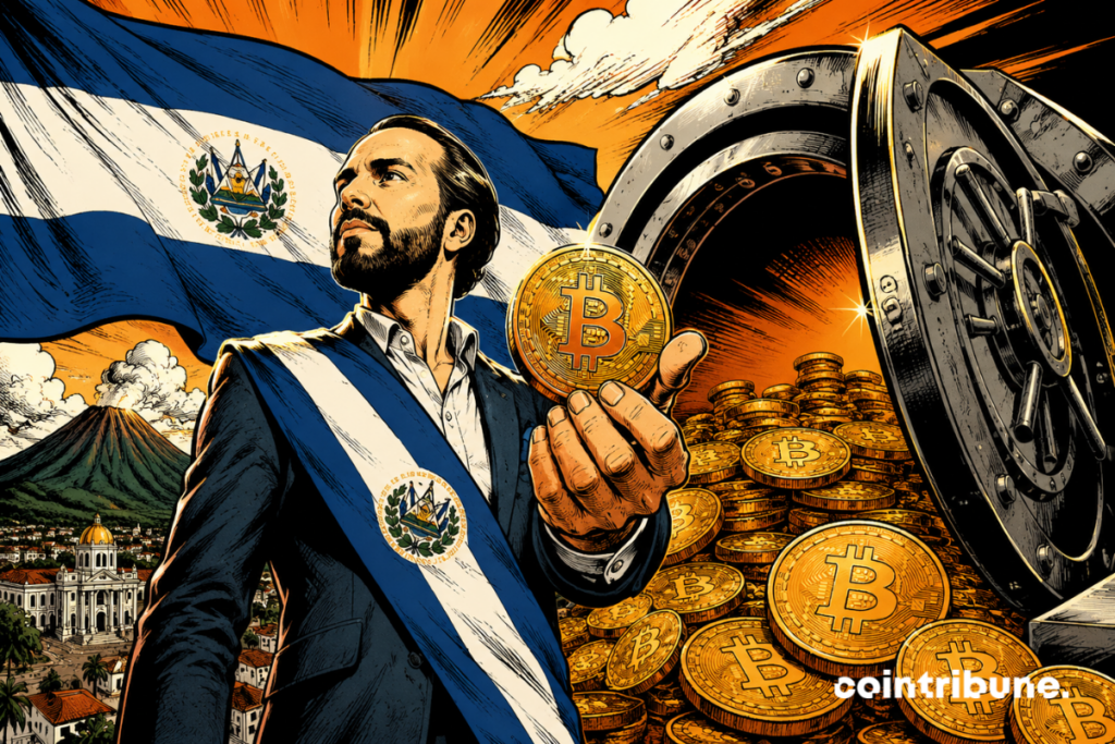 Illustration of El Salvador strengthening its Bitcoin reserves with a representation of the national treasure in cryptocurrency.