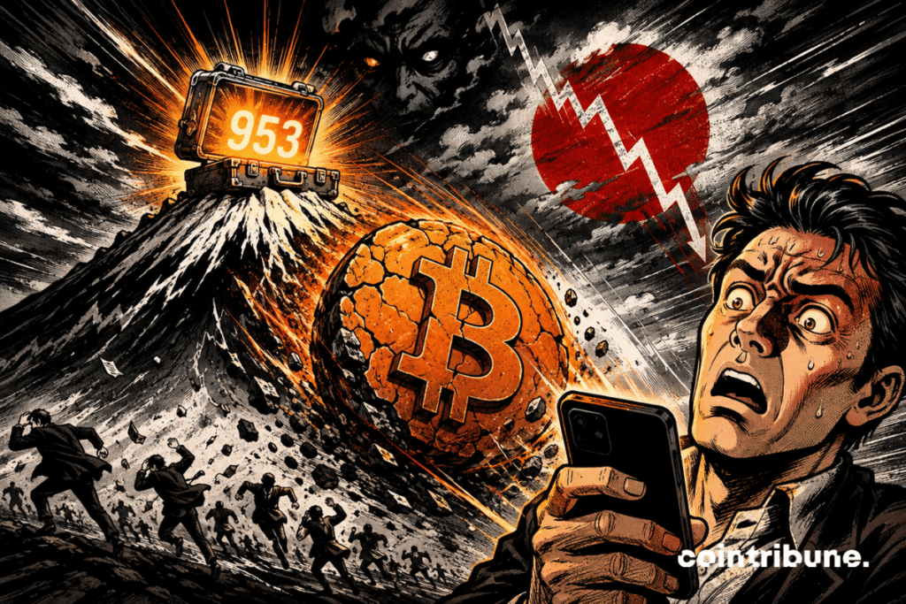 Comic book illustration showing a cracked Bitcoin tumbling down Mount Fuji, a panicked investor in the foreground, and a glowing suitcase reading 953.