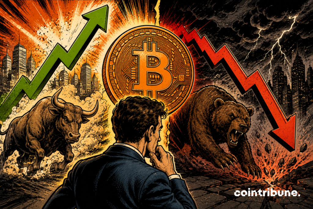Illustration of an investor observing a Bitcoin between a green bullish arrow and a red bearish arrow, a symbol of market uncertainty.