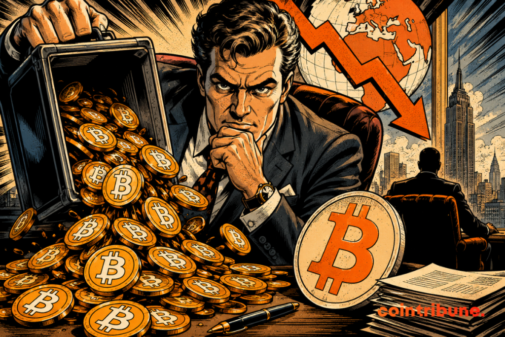 Illustration of an investor facing a massive Bitcoin sell-off linked to BlackRock's IBIT ETF, in a context of market decline.