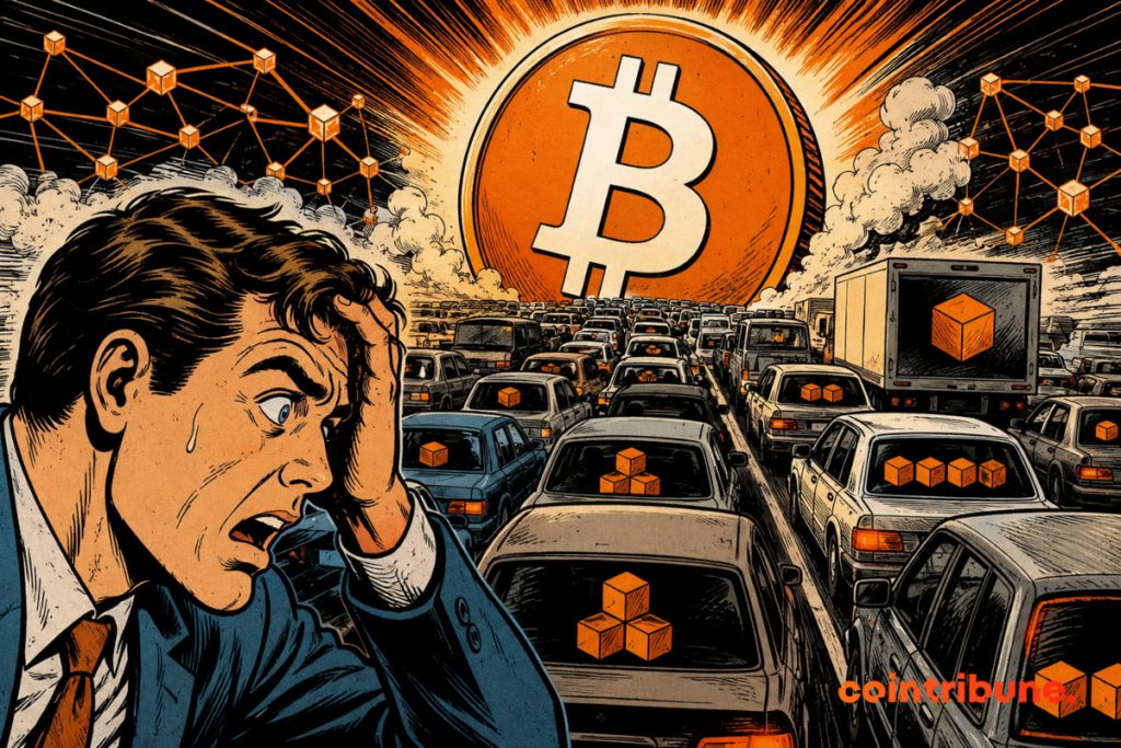 Illustration depicting Bitcoin network congestion with a huge BTC coin on top of saturated vehicle traffic symbolizing the increase in blockchain transactions and pressure on block space.
