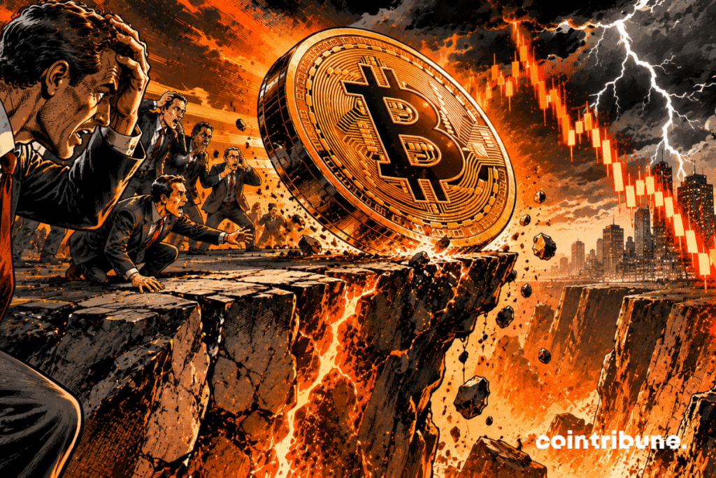 A monumental Bitcoin coin teeters dangerously on the edge of an immense precipice.