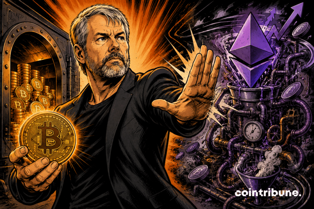 Michael Saylor holds a glowing bitcoin and pushes away a machine symbolizing Ethereum's yield.