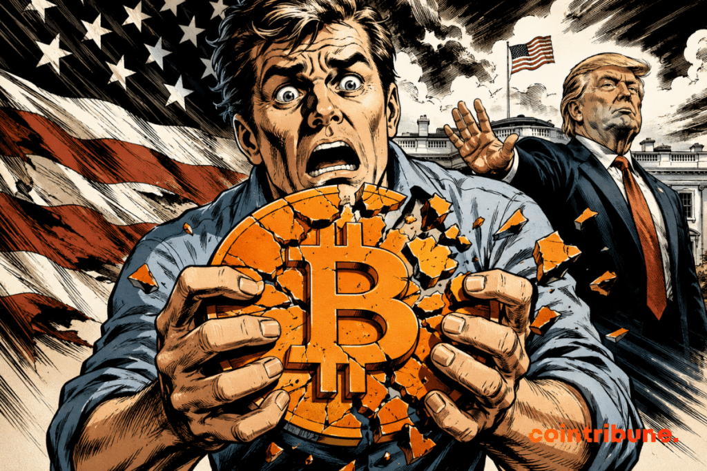 Horrified investor seeing his Bitcoin shatter, while Trump appears behind him, symbolizing failed promises and recent brutal losses.