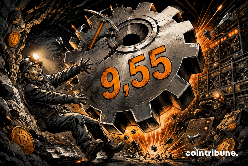 A giant gear marked 9.55 falls into a bitcoin mine, throwing a miner backwards.