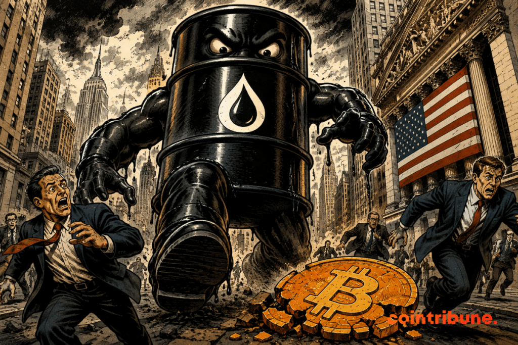 Giant oil monster invading the financial district, panicked investors fleeing, while a broken Bitcoin lies on the ground.