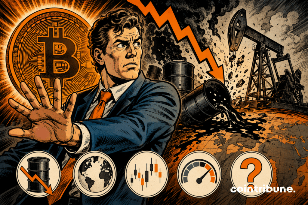 A worried investor between the Bitcoin symbol and falling barrels of oil.