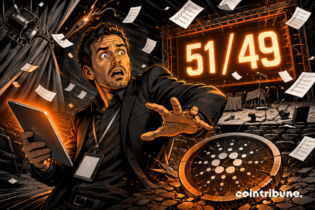 Illustration showing a shocked Cardano organizer in front of a 51/49 counter, a messy conference scene and a cracked crypto token.