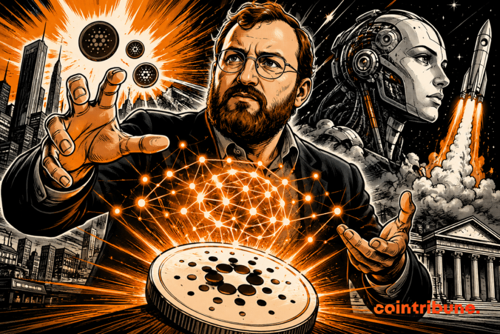 Charles Hoskinson at the center of a futuristic illustration depicting Cardano, AI and the evolution of blockchain with autonomous agents.