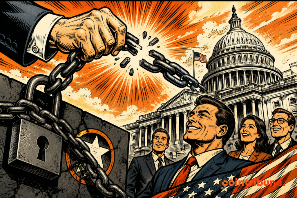 Illustration depicting Washington partially lifting restrictions on Anthropic's Claude Mythos 5 artificial intelligence model, with a broken chain in front of the US Capitol.