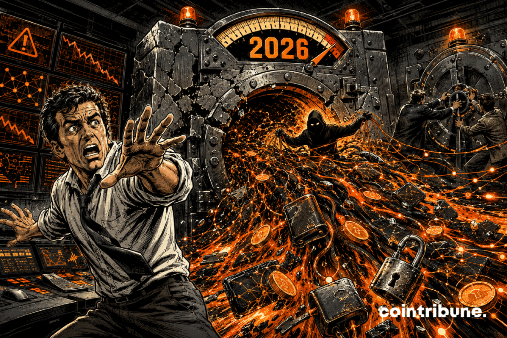 An analyst recoils from a fractured crypto vault from which a wave of stolen assets springs, under a gauge marked 2026.