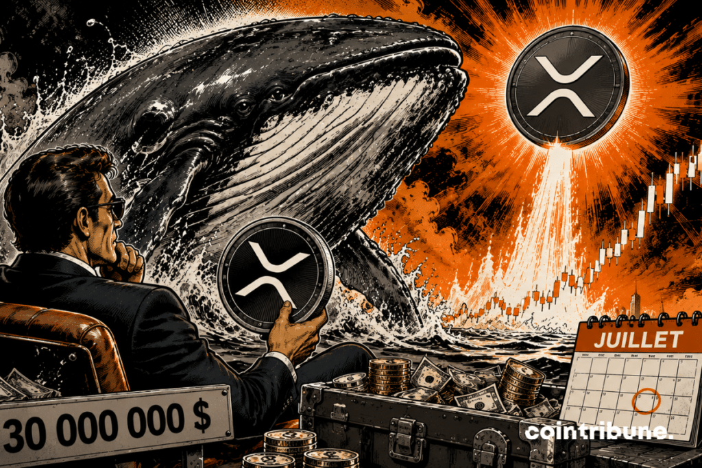 A crypto investor observes a whale trying to swallow an XRP coin.
