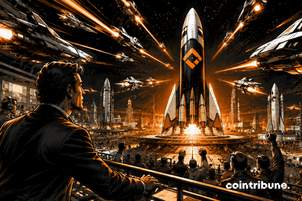 A market operator-inspired commander observes space traffic. A giant SpaceX rocket attracts the majority of financial shuttles (derivatives) which converge towards it.