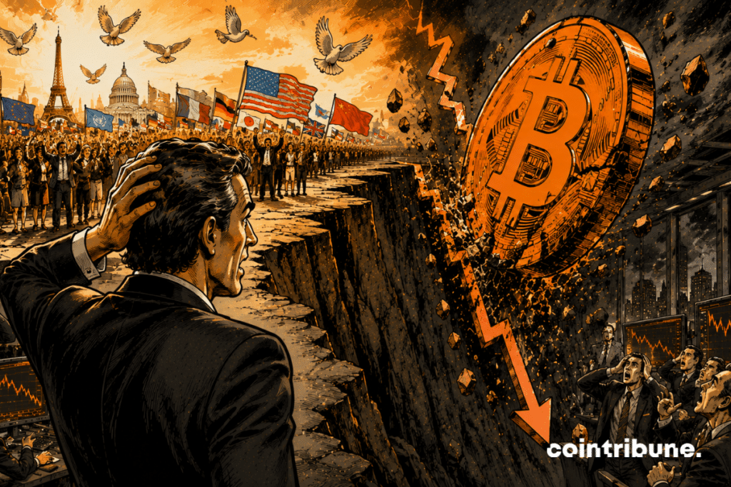 A crypto investor observes two opposing scenes. On the left, a crowd celebrates historic peace. To the right, a huge Bitcoin symbol slides down a cliff.