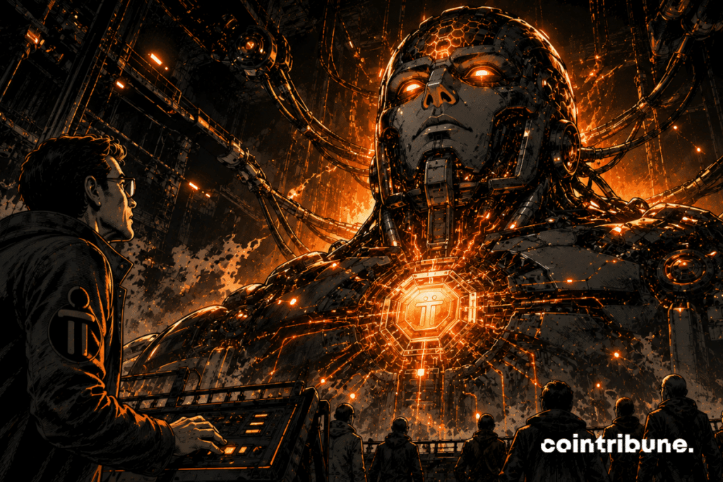 A futuristic engineer observes a colossal machine restarting. A gigantic AI-inspired mechanical titan reactivates, its eyes and circuits lighting up, symbolizing Bittensor's recovery.