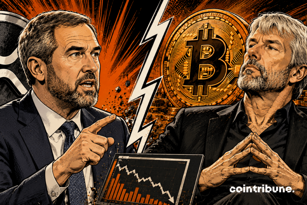 A financial confrontation in the crypto ecosystem between Brad Garlinghouse and Michael Saylor on the Bitcoin model of Strategy.