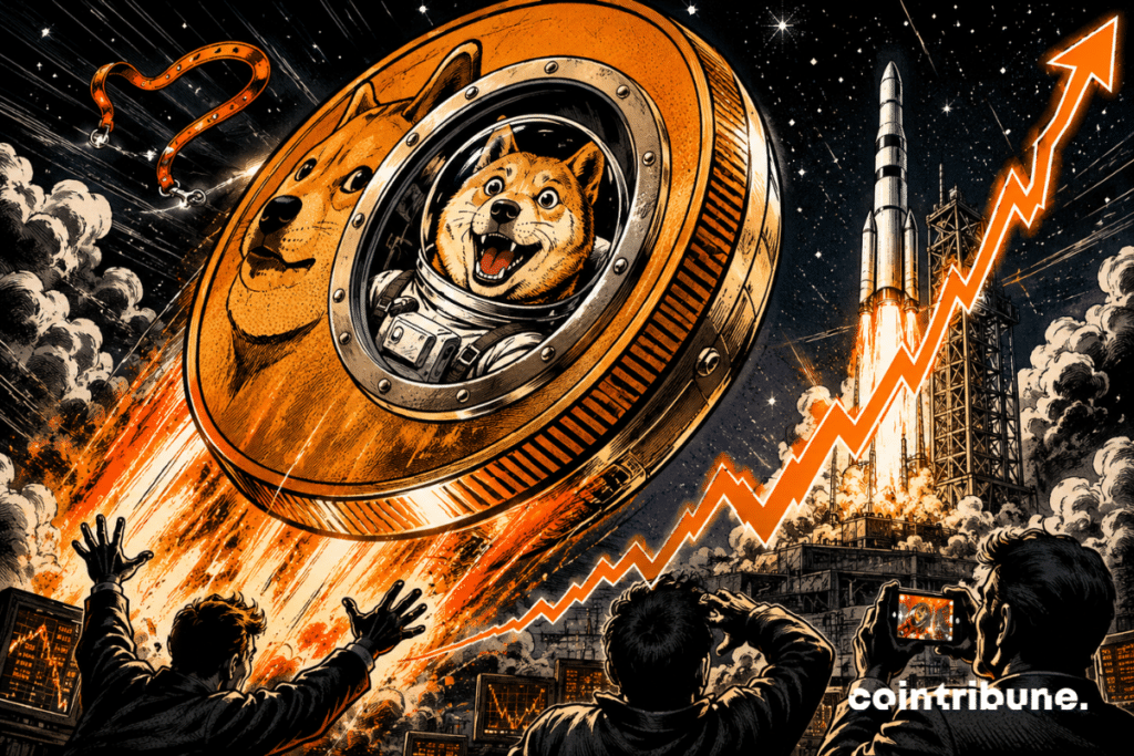 The Dogecoin crypto piloted by a Shiba Inu flies off near a rocket, carried by an ascending orange curve.
