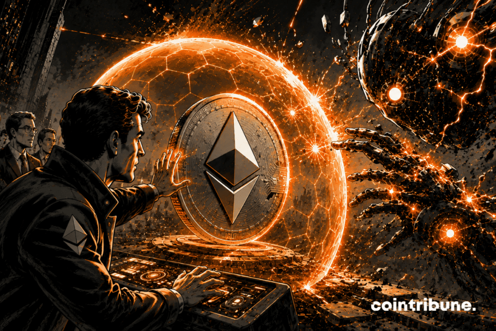 A futuristic blockchain engineer activates a huge energy shield. A gigantic Ethereum coin protected by a light dome repels a wave of quantum energy.