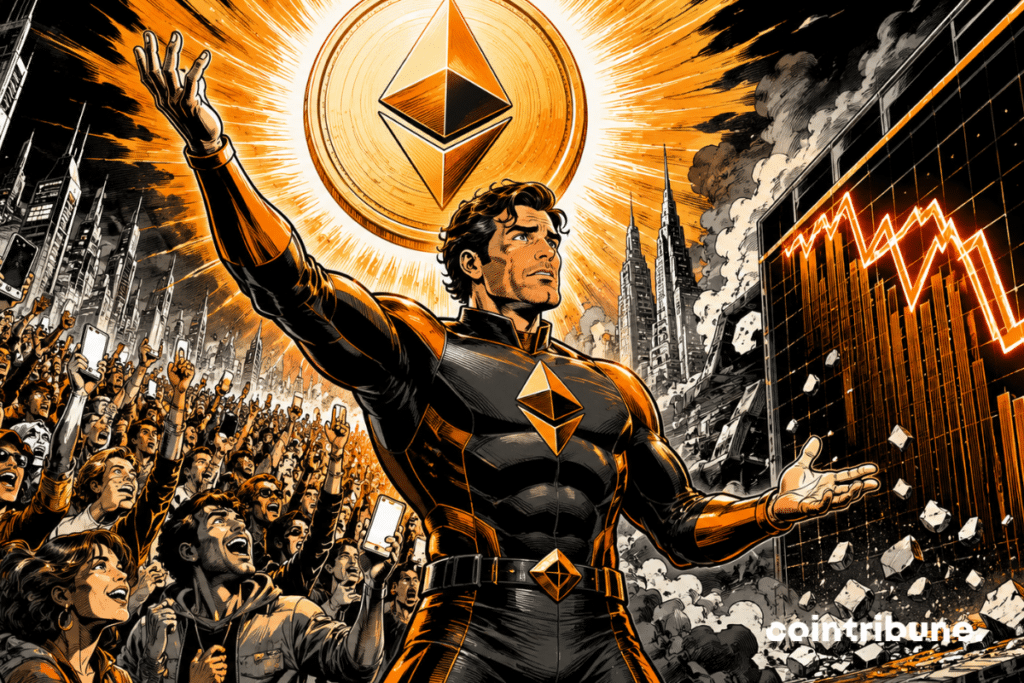In a large futuristic urban square, a personification of Ethereum in the form of a man in a futuristic suit has one arm raised in victory. A huge Ethereum coin shines above him.