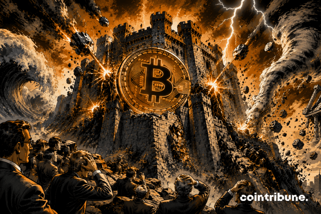 A monumental Bitcoin fortress resists an attack. Several waves, lightning bolts and giant forces hit the ramparts simultaneously. Investors watch the battle from a cliff.