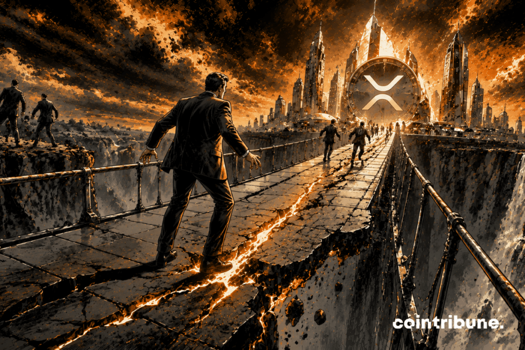 A gigantic bridge leading to a futuristic XRP city begins to crack.