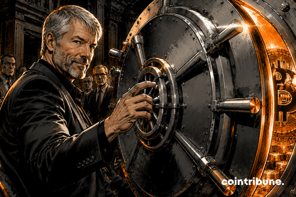A man inspired by Saylor has one hand on the wheel of a huge safe. The safe is still closed, but a Bitcoin light escapes through the gaps.