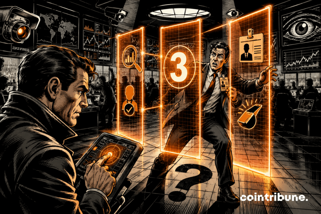 Futuristic crypto trading room where an investigator activates three orange barriers blocking a suspicious trader.