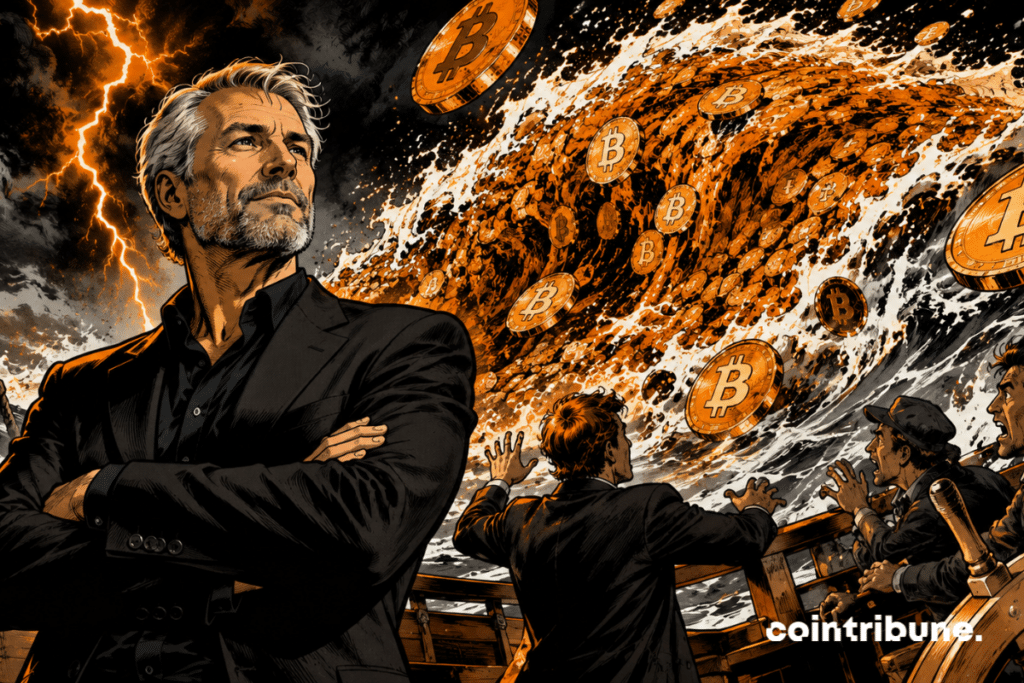 A Michael Saylor-inspired businessman has a slight, confident smile. A gigantic wave made up of Bitcoin coins crashes behind him.