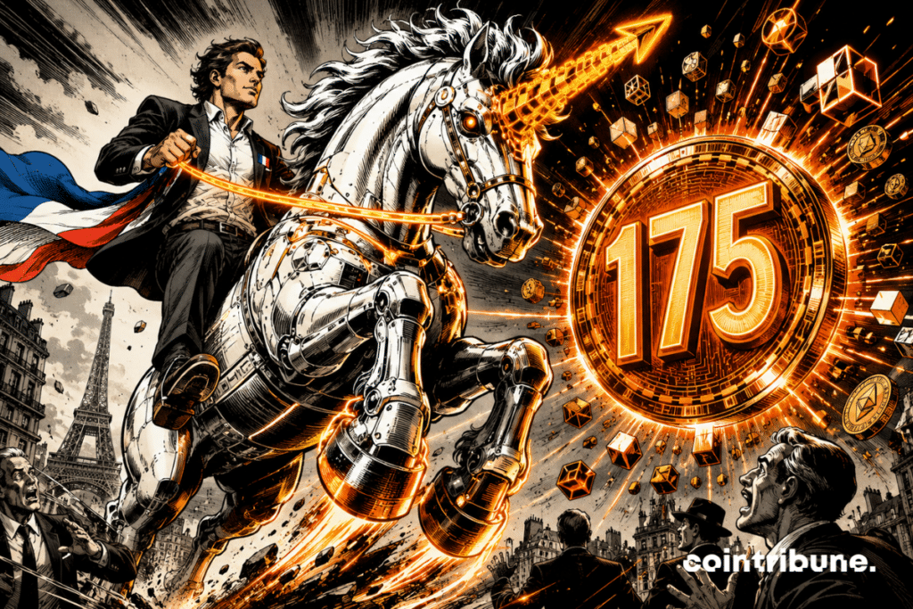 Mechanical unicorn led by a French entrepreneur, speeding towards a luminous crypto medallion displaying 175 in a stylized Paris.