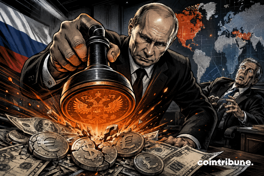 Illustration showing a Russian leader dropping a tax stamp on crypto