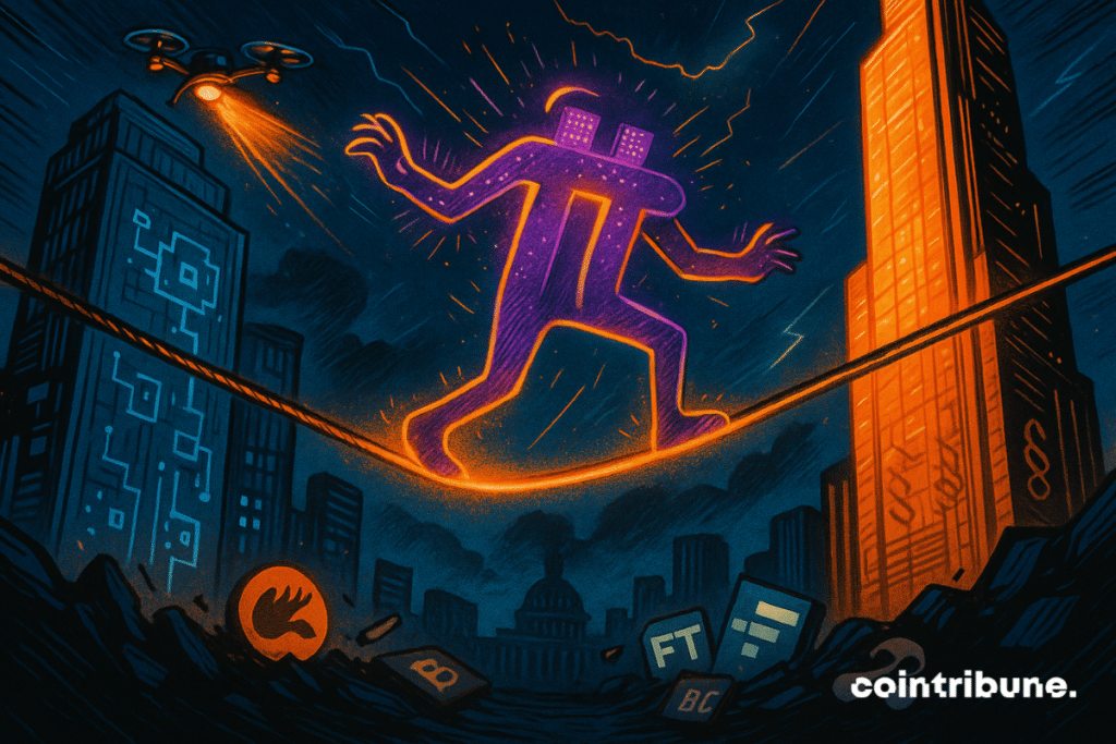 The Pi Network logo plays tightrope walker.