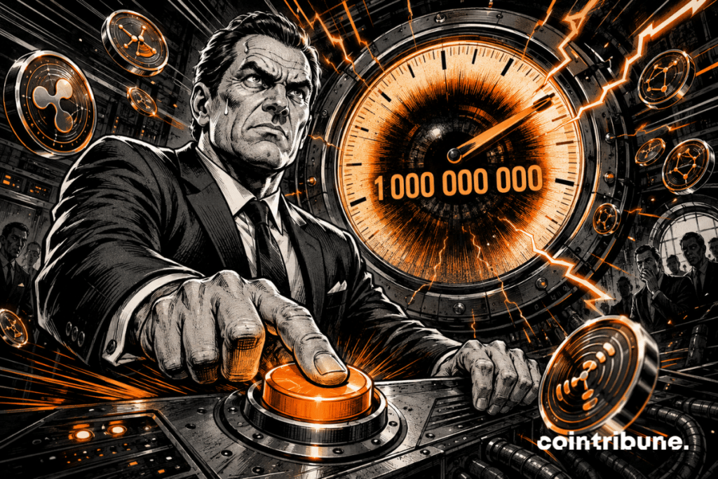 An executive presses an orange button in front of a gauge reading 1 billion, while crypto tokens spring up in tension.