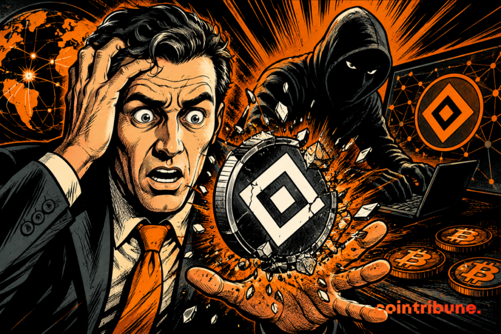 Illustration of a crypto hack showing a hooded hacker attacking a digital platform while a worried investor watches a token collapse, symbolizing the security breach suffered by Aztec Network.