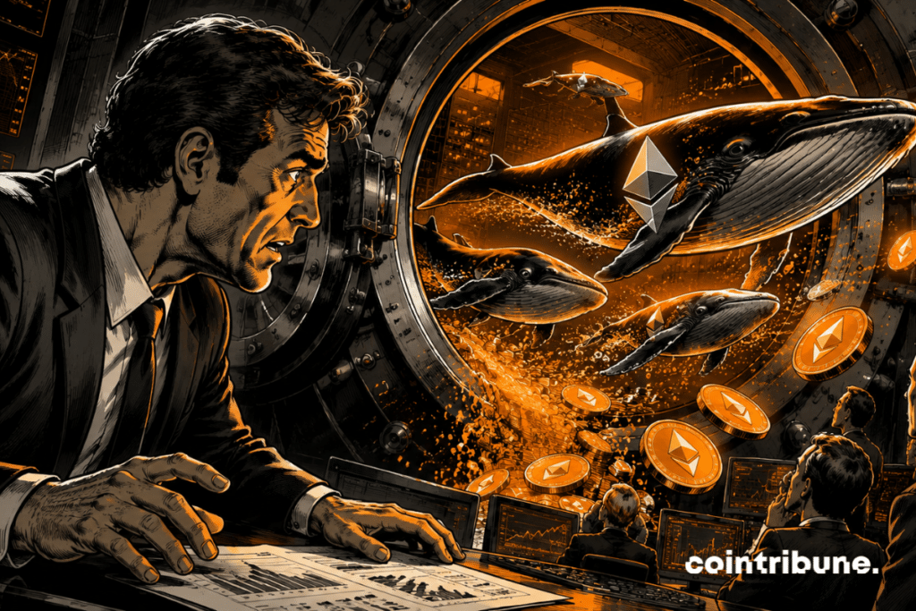 Several giant translucent whales silently escape from a huge open financial vault carrying glowing Ethereum coins.