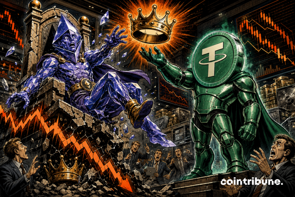 A crystalline crypto figure falls from a throne while a green figure grabs the crown.