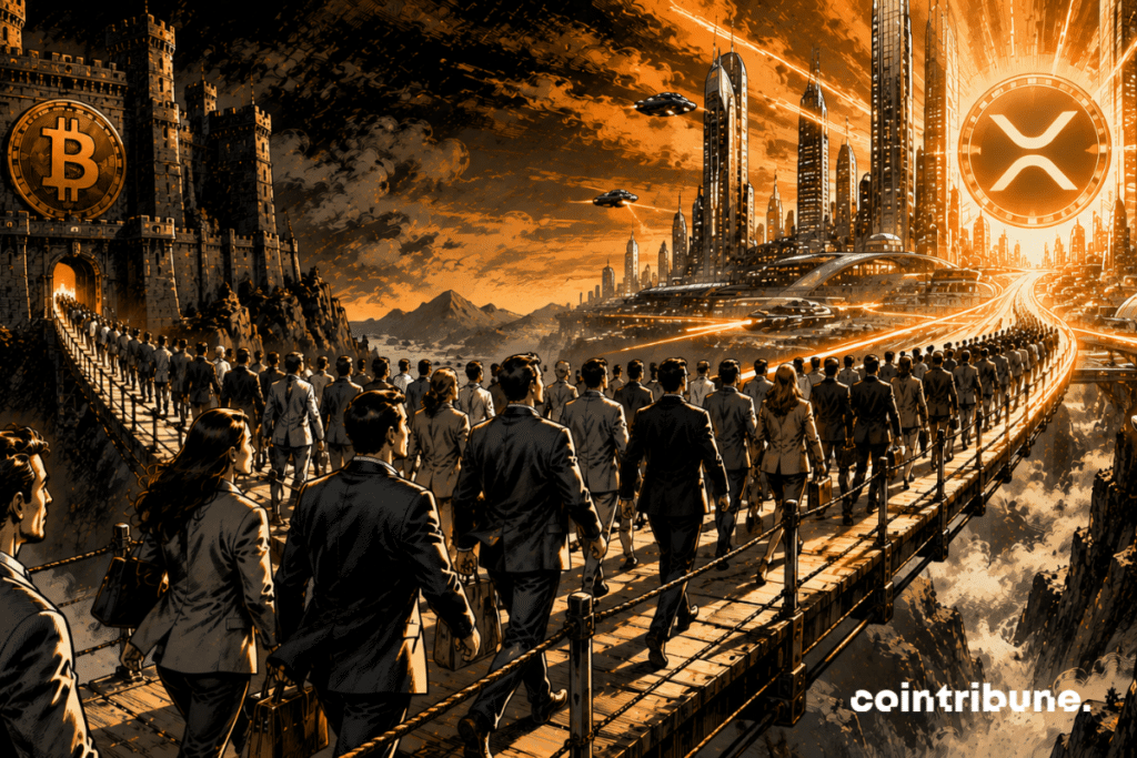 A crowd crosses a bridge leaving a Bitcoin fortress to reach a futuristic city symbolizing the crypto XRP.