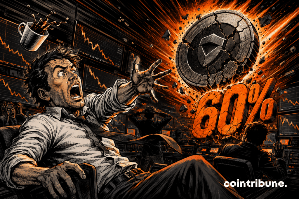 Comic book illustration of a panicked trader faced with a cracked crypto coin and the number 60%.