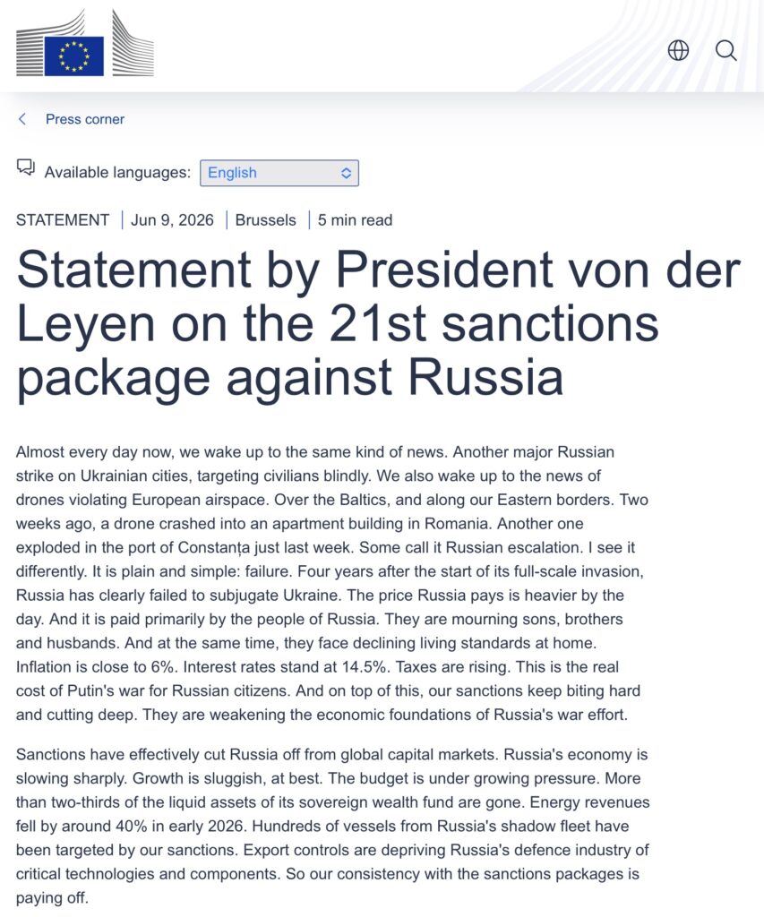 The European Union is extending its sanctions to the crypto ecosystem by proposing a total ban on crypto services and platforms for non-EU countries hosting platforms helping Russia to circumvent restrictions. This measure contained in its 21st package of sanctions announced on June 9, 2026.