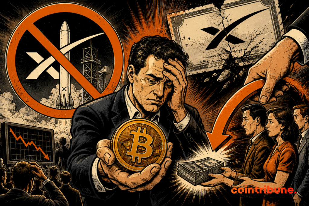 Illustration showing a crisis in the crypto sector, with an investor holding a token crypto coin while SpaceX-related items collapse, reflecting the failure of a SpaceX-linked crypto token operation and investor redemptions.