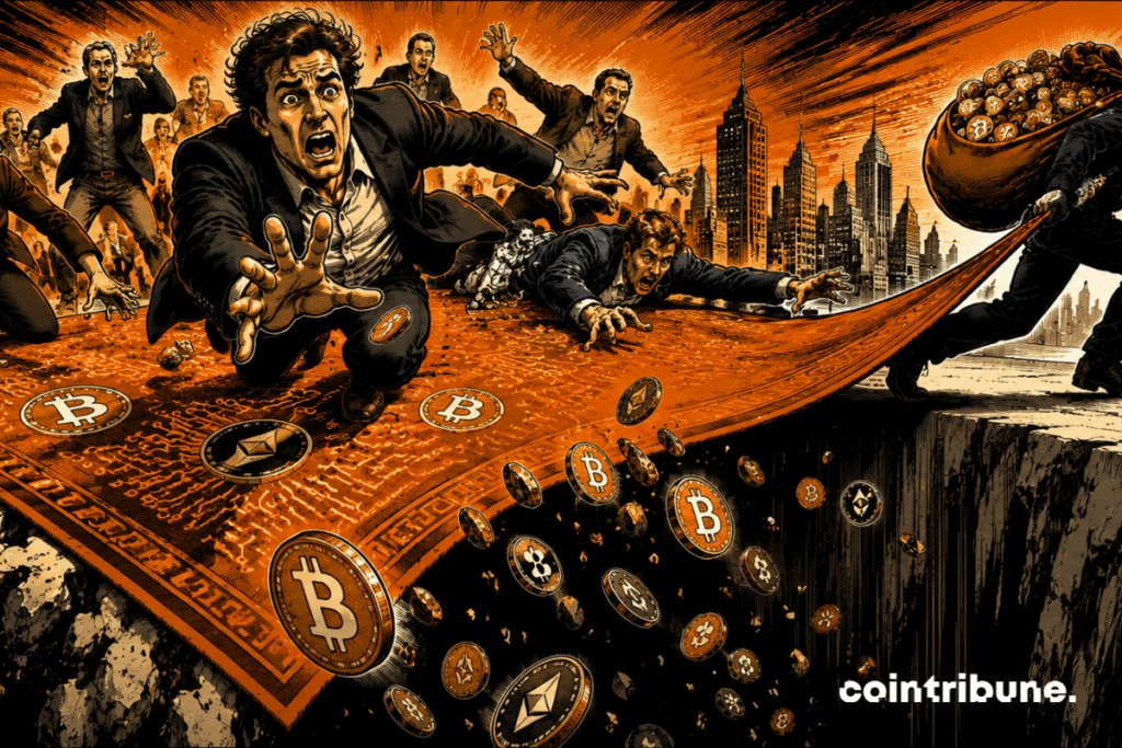 Panicked investors fall when a scammer abruptly pulls the rug out, illustrating the pervasive threat of crypto rug pulls.