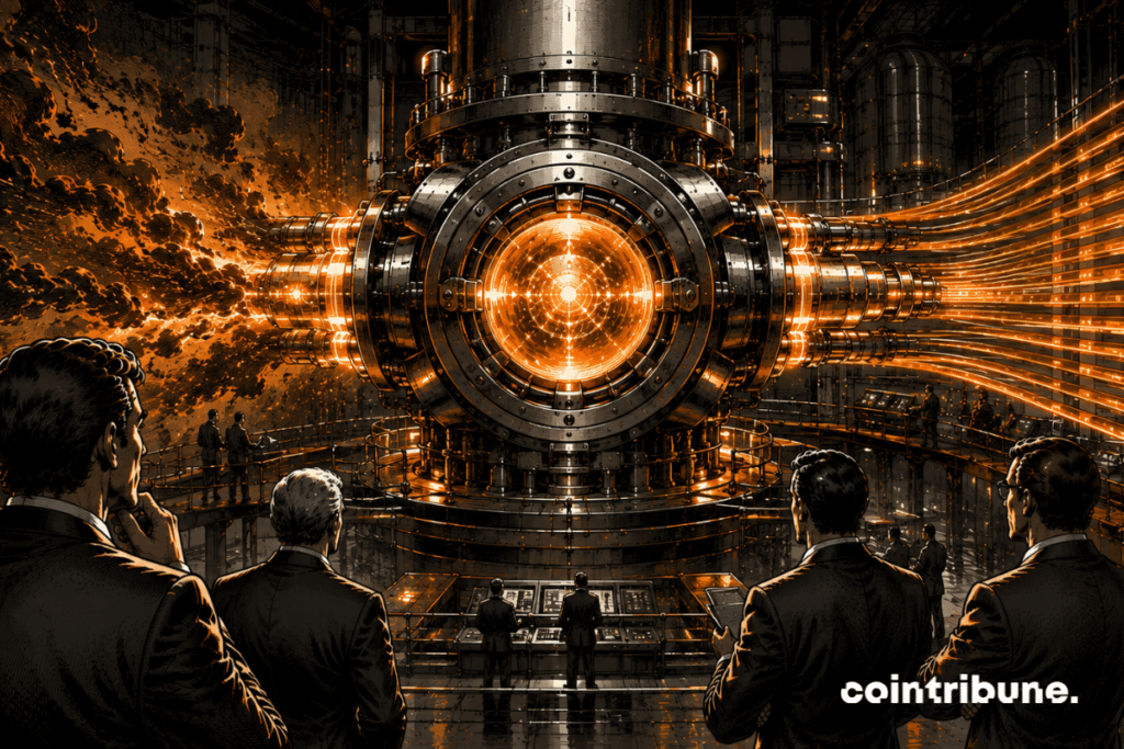 A gigantic financial machine acts as a stabilizer. Energy flows linked to Bitcoin circulate harmoniously despite a visible disturbance on one side.