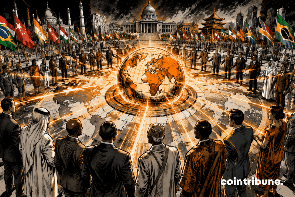 A group of BRICS diplomats representing different regions of the world. They converge on a giant sphere symbolizing a new monetary architecture, beyond the control of the dollar.