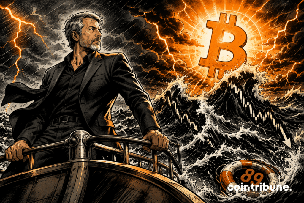 Saylor weathers a financial storm, guided by a gigantic glowing Bitcoin
