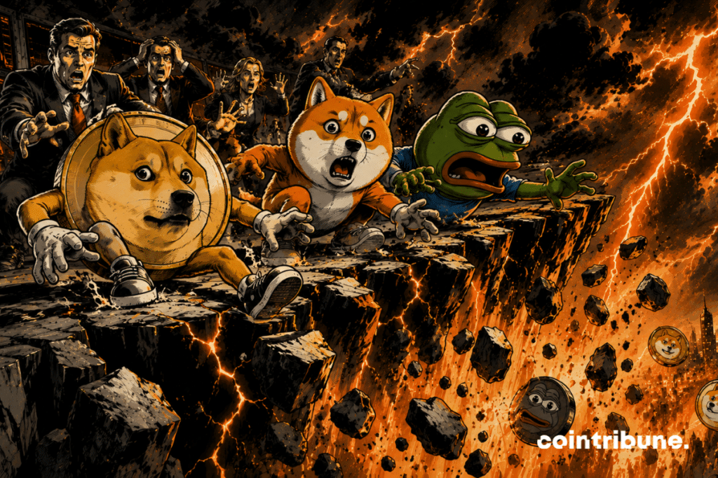 Three mascots inspired by memecoins Dogecoin, Shiba Inu and Pepe slide dangerously towards the edge. An immense rock platform cracks beneath their feet.