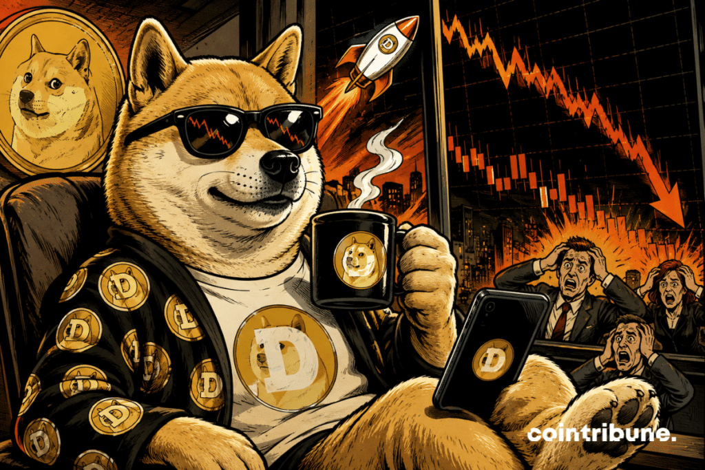 Illustration of Dogecoin facing a crypto market correction, with a Shiba dog wearing glasses, a falling chart and signs of volatility.
