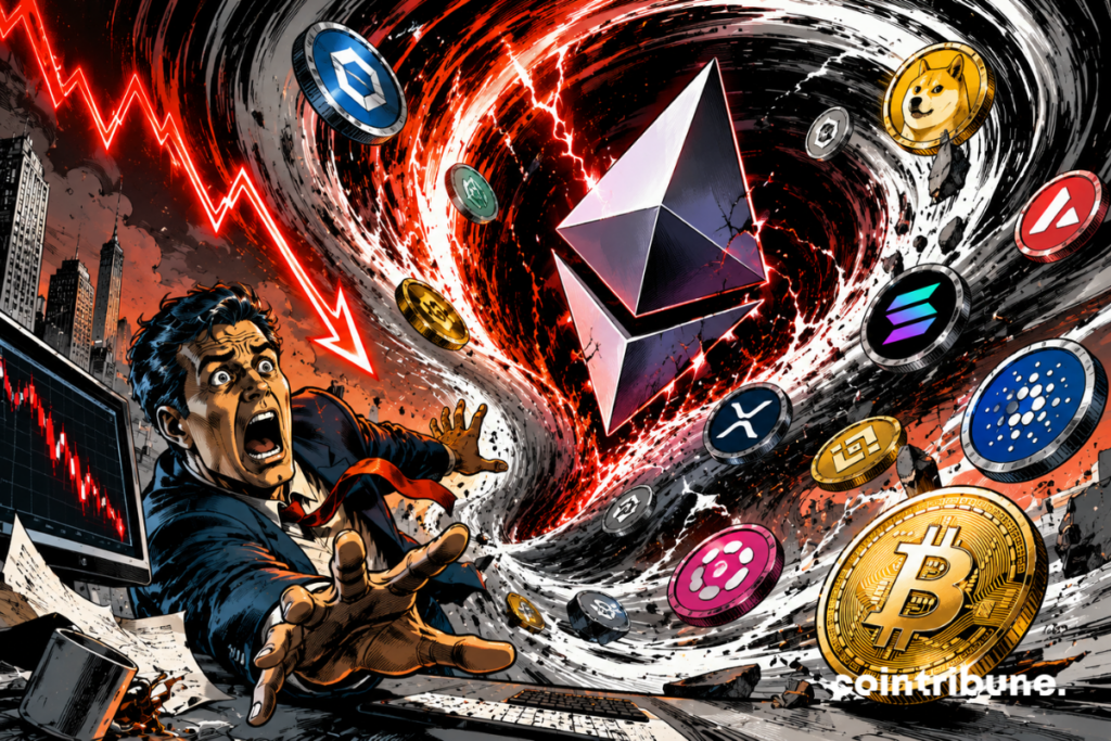 A terrified trader watches the market collapse as an Ethereum vortex sucks altcoins into a destructive spiral.