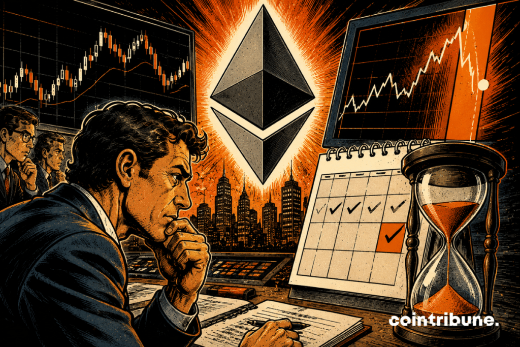 Illustration of an investor observing the price movement of Ethereum, with market charts, a calendar and an hourglass.