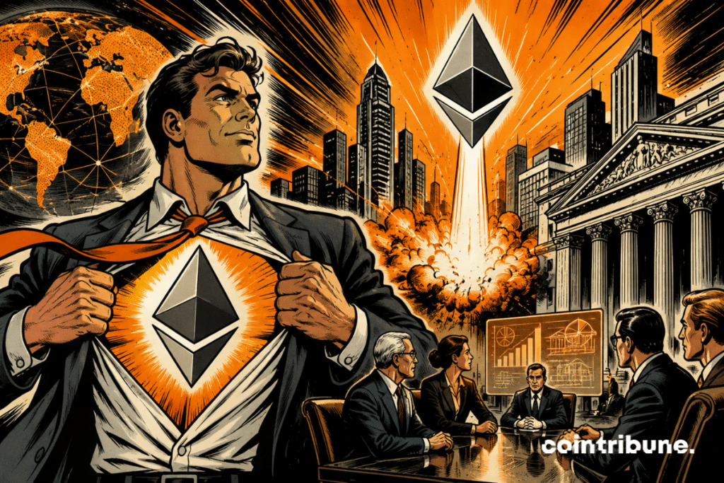 Illustration from Ethereum and Ethlabs showing the blockchain network's evolution towards institutional adoption with support from Bitmine and SharpLink.