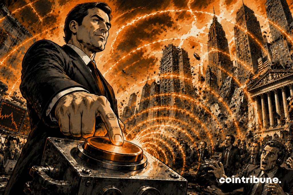 A man inspired by Kevin Warsh presses a huge control mechanism. A gigantic shock wave passes through a futuristic financial metropolis.