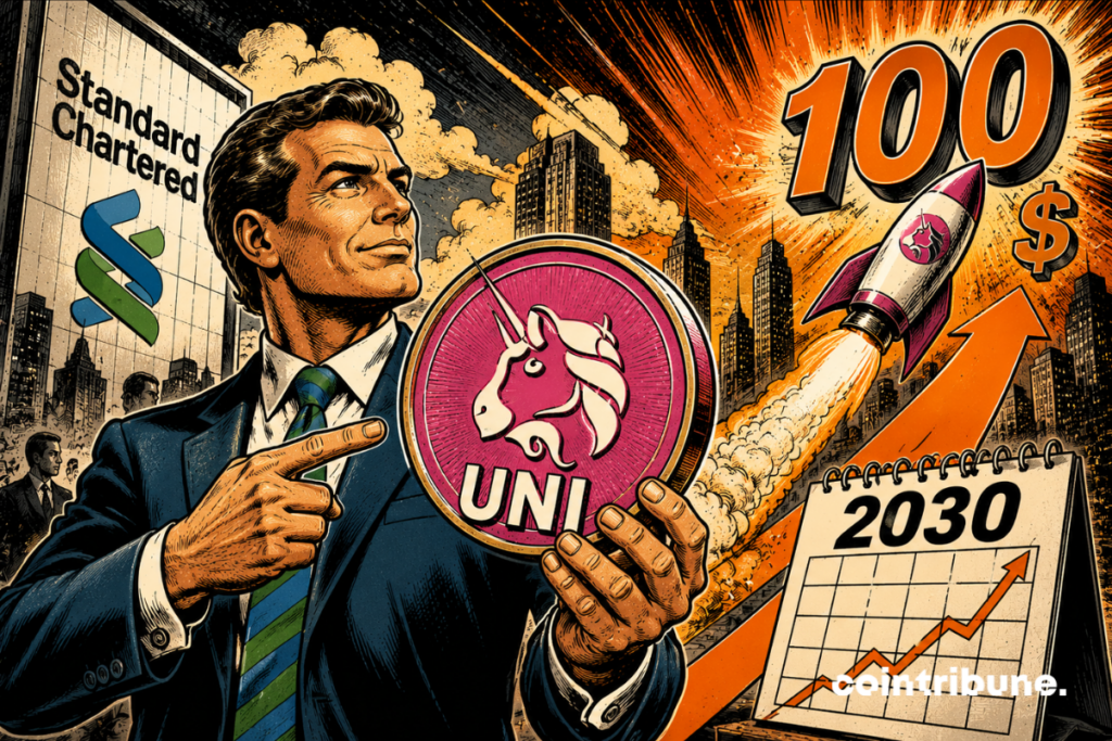 Illustration depicting Standard Chartered's forecast for UNI, Uniswap's token, with a target of $100 by 2030, symbolized by a rocket, a bullish chart and the Uniswap logo.
